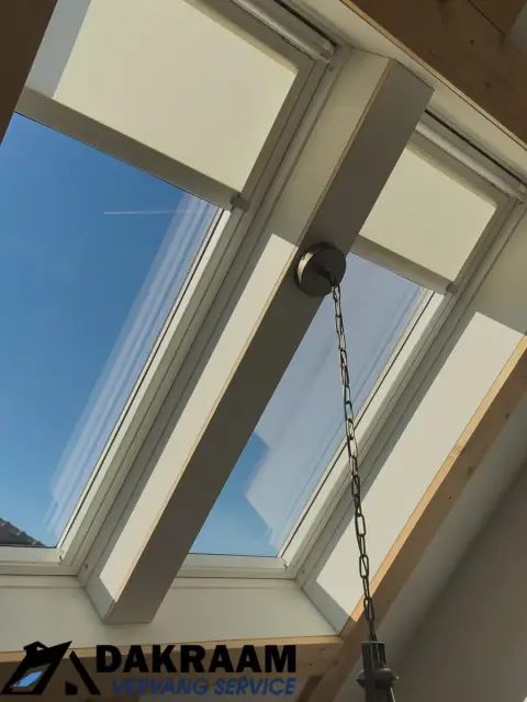 Twee witte dakramen met gedeeltelijk gesloten rolgordijnen voor lichtregeling