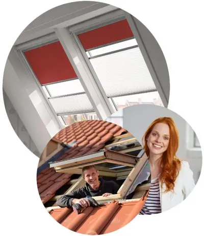 Dakramen met rode rolluiken, een monteur op het dak en een klant op de voorgrond